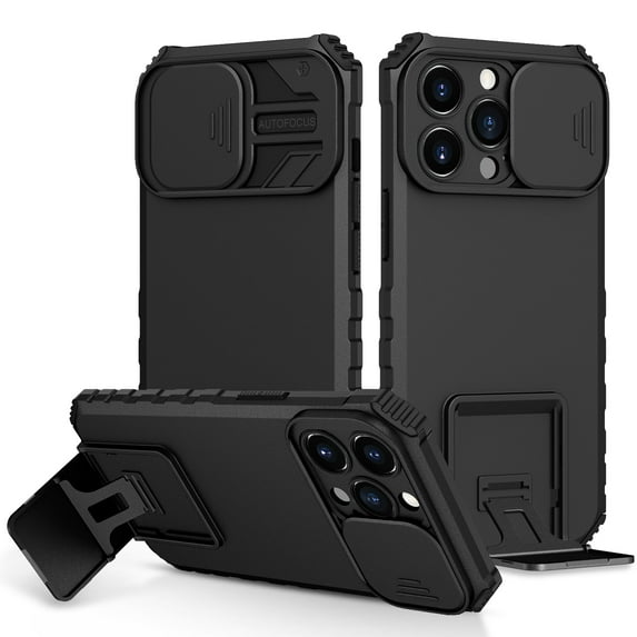 JTCASES for iPhone 15 Pro Max Case, Sliding Camera Cover & Foldable Kickstand Shockproof Corners Anti-fall Rugged Anti-slip PC TPU Heavy Duty Protective Hybitd Shell - Black