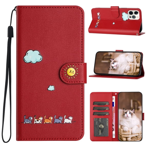 JTCASES for iPhone 15 Pro Wallet Case, Lovely Cat Pattern PU Leather Shockproof TPU with Card Slots Cash Pocket Magnetic Closure Removeable Wrisr Strap Stand for iPhone 15 Pro, Red