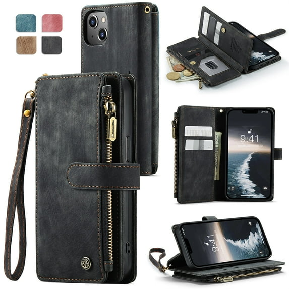 JTCASES for iPhone 15 Wallet Case with Zipper Purse Card Holders Flip Stand Wrist Strap Magnetic Closure PU Leather Anti-scracth Support Wireless Charging Drop Resistant BUsiness Shell, Black