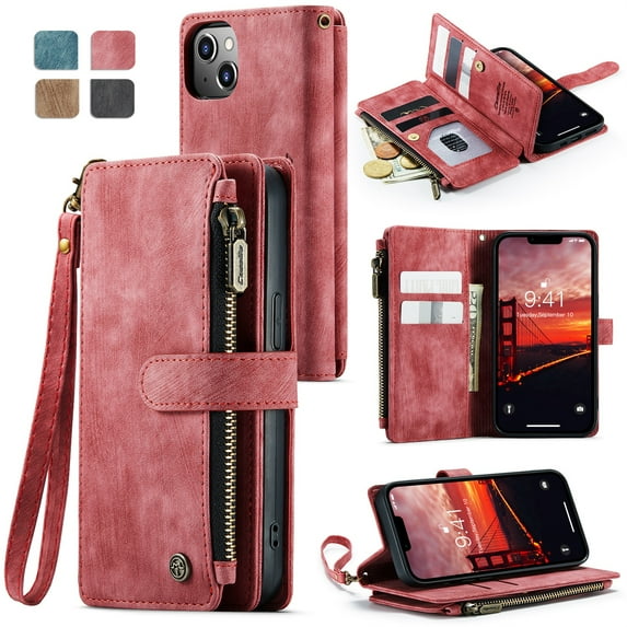 JTCASES for iPhone 15 Wallet Case with Zipper Purse Card Holders Flip Stand Wrist Strap Magnetic Closure PU Leather Anti-scracth Support Wireless Charging Drop Resistant BUsiness Shell, Red