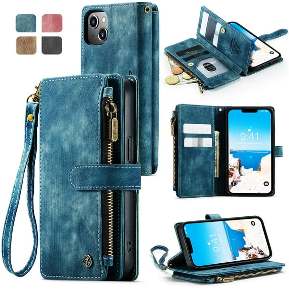 JTCASES for iPhone 15 Wallet Case with Zipper Purse Card Holders Flip Stand Wrist Strap Magnetic Closure PU Leather Anti-scracth Support Wireless Charging Drop Resistant BUsiness Shell, Blue