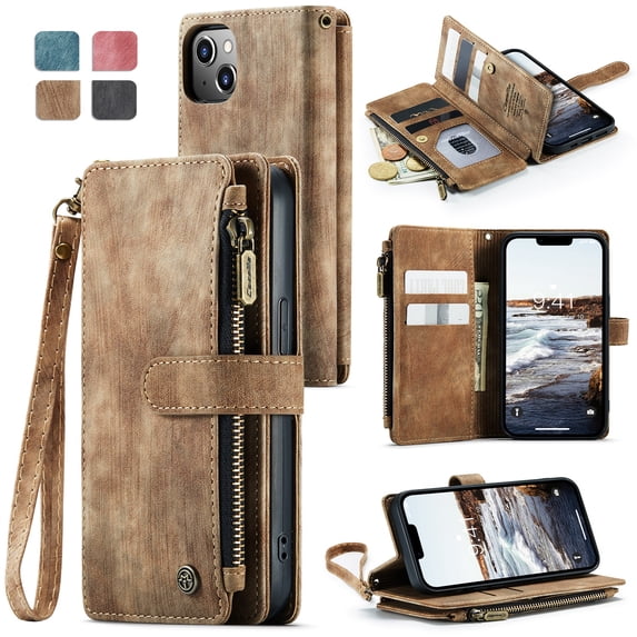 JTCASES for iPhone 15 Wallet Case with Zipper Purse Card Holders Flip Stand Wrist Strap Magnetic Closure PU Leather Anti-scracth Support Wireless Charging Drop Resistant BUsiness Shell, Brown