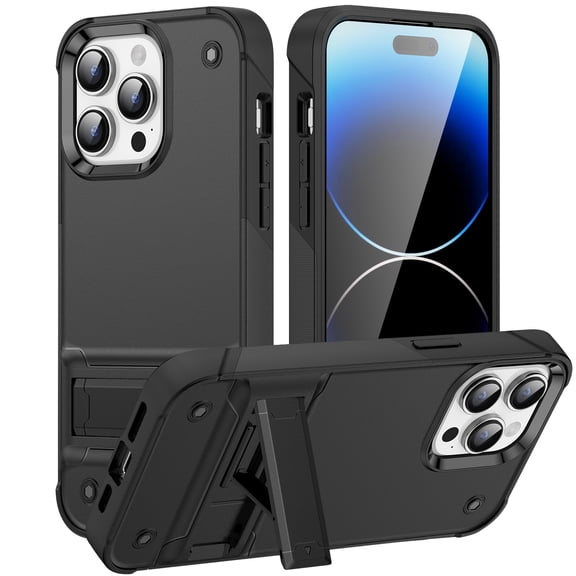 JTCASES for iPhone 16 Case, Foldable Kickstand Heavy Duty Protective Rugged Military Grade Protection Hybird Anti-slip Shockproof/Drop Resistant PC TPU Shell for iPhone 16, Black
