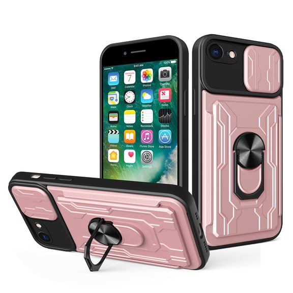JTCASES for iPhone 6/6S Case, Slide Camera Window + Card Slot + Rotating Ring Bracket TPU Soft Shell & PC Backplane Car Mount Hybird Heavy Duty Shockproof Shell, Rosegold
