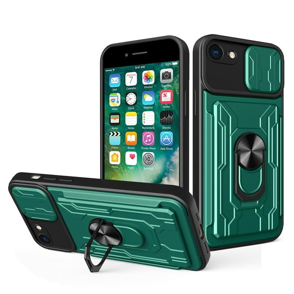 JTCASES for iPhone 6/6S Case, Slide Camera Window + Card Slot + Rotating Ring Bracket TPU Soft Shell & PC Backplane Car Mount Hybird Heavy Duty Shockproof Shell, Green