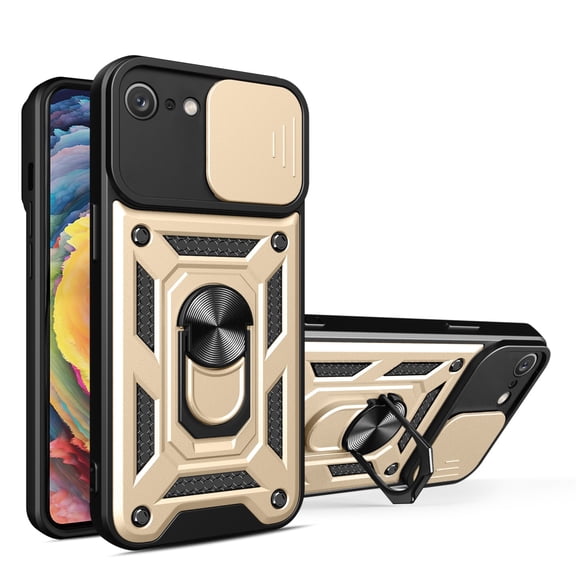 JTCASES for iPhone 7 / 8 / SE 2022 & 2020 Case with Sliding Lens Window Magnetic Car Mount Rotating Kickstand Hybird 3-layer Non-slipping Military-grade Protection Shell, Gold