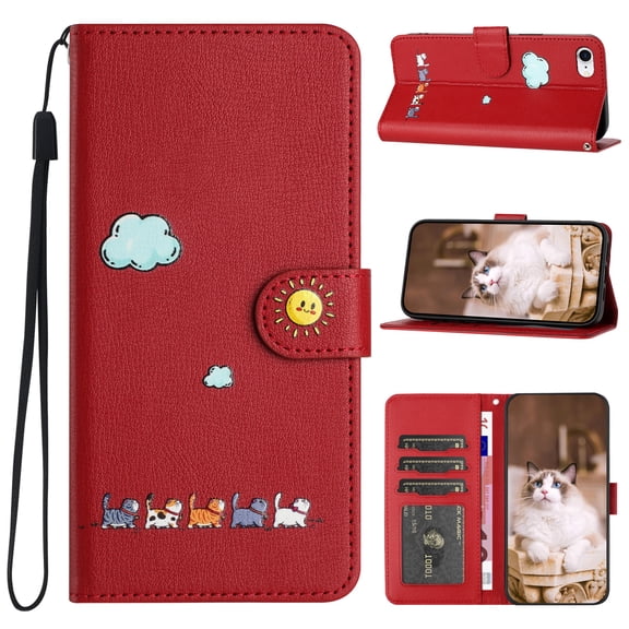 JTCASES for iPhone 7 / 8 / SE 2022 & 2020 Wallet Case, Lovely Cat Pattern PU Leather Shockproof TPU with Card Slots Cash Pocket Magnetic Closure Removeable Wrisr Strap Stand, Red