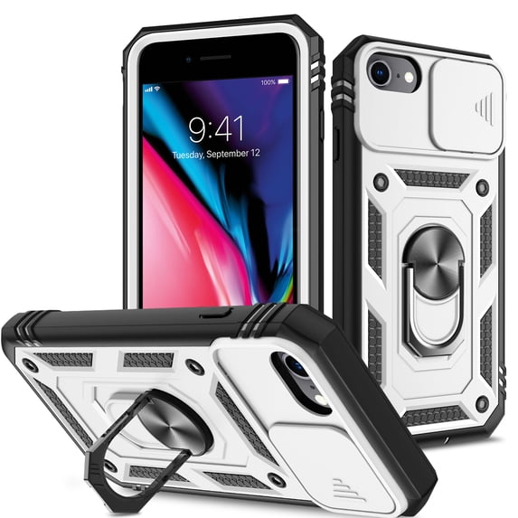 JTCASES for iPhone 7 Case, Sliding Camera Cover+ Rotating Ring Kickstand + Magnetic Car Mount + Inside Card Holder, Bracket Shockproof Frame Anti-drop PC TPU Heavy Duty Protection, Black/Silver