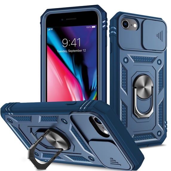 JTCASES for iPhone 7 Case, Sliding Camera Cover+ Rotating Ring Kickstand + Magnetic Car Mount + Inside Card Holder, Bracket Shockproof Frame Anti-drop PC TPU Heavy Duty Protection, Darkblue