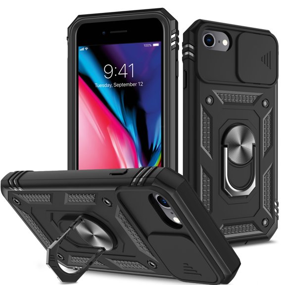 JTCASES for iPhone 7 Case, Sliding Camera Cover+ Rotating Ring Kickstand + Magnetic Car Mount + Inside Card Holder, Bracket Shockproof Frame Anti-drop PC TPU Heavy Duty Protection, Black