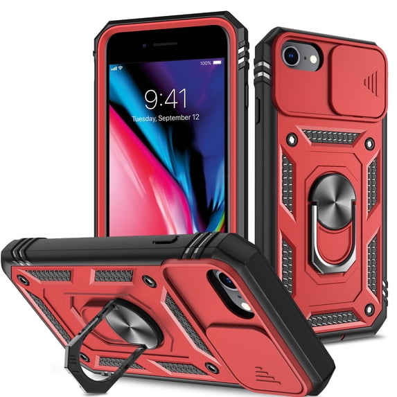 JTCASES for iPhone 7 Case, Sliding Camera Cover+ Rotating Ring Kickstand + Magnetic Car Mount + Inside Card Holder, Bracket Shockproof Frame Anti-drop PC TPU Heavy Duty Protection, Black/Red