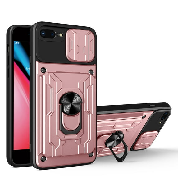 JTCASES for iPhone 7 Plus/8 Plus Case, Slide Camera Window + Card Slot + Rotating Ring Bracket TPU Soft Shell & PC Backplane Car Mount Hybird Heavy Duty Shockproof Shell, Red