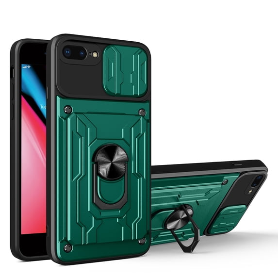 JTCASES for iPhone 7 Plus/8 Plus Case, Slide Camera Window + Card Slot + Rotating Ring Bracket TPU Soft Shell & PC Backplane Car Mount Hybird Heavy Duty Shockproof Shell, Green
