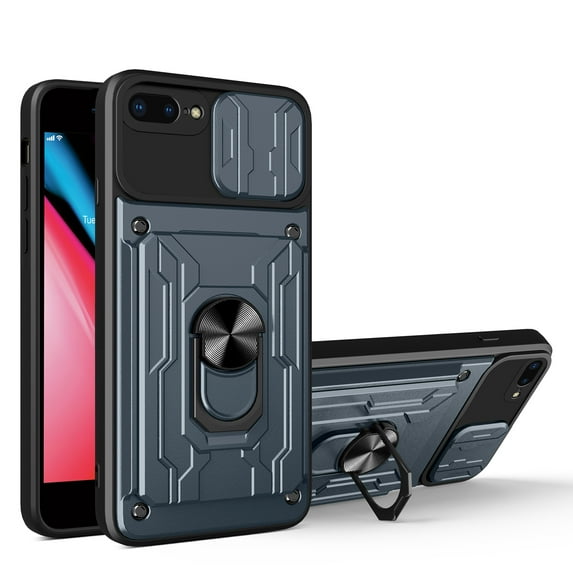 JTCASES for iPhone 7 Plus/8 Plus Case, Slide Camera Window + Card Slot + Rotating Ring Bracket TPU Soft Shell & PC Backplane Car Mount Hybird Heavy Duty Shockproof Shell, Gray