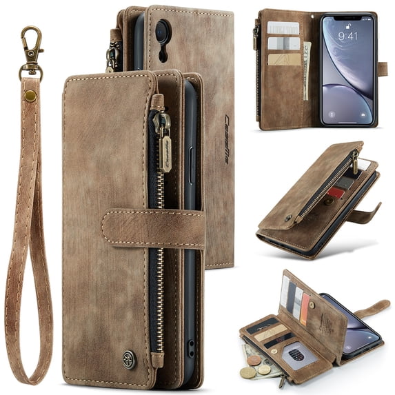 JTCASES for iPhone X Wallet Case with Zipper Purse Card Holders Flip Stand Wrist Strap Magnetic Closure PU Leather Anti-scracth Support Wireless Charging Drop Resistant BUsiness Shell, Brown