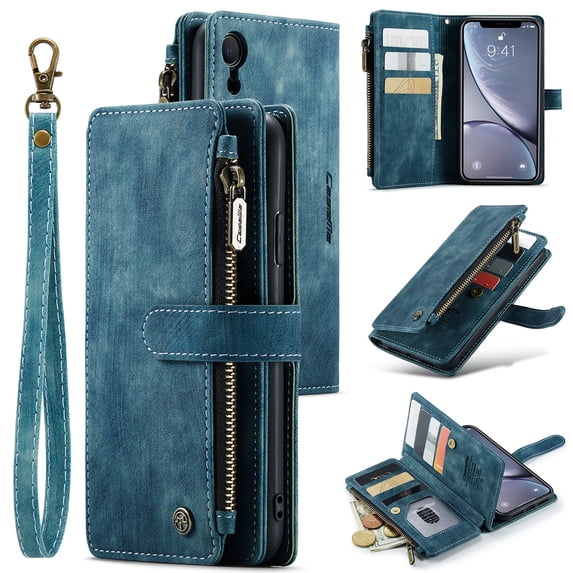 JTCASES for iPhone X Wallet Case with Zipper Purse Card Holders Flip Stand Wrist Strap Magnetic Closure PU Leather Anti-scracth Support Wireless Charging Drop Resistant BUsiness Shell, Blue