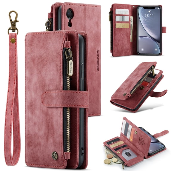 JTCASES for iPhone X Wallet Case with Zipper Purse Card Holders Flip Stand Wrist Strap Magnetic Closure PU Leather Anti-scracth Support Wireless Charging Drop Resistant BUsiness Shell, Red
