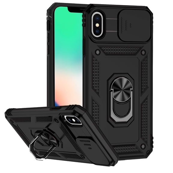 JTCASES for iPhone X/XS Case, Heavy Duty Protection Magnetic Car Mount Rotating Stand [Slide Camera Window] Rugged Shockproof Anti-fall Shell for iPhone X/XS, Black