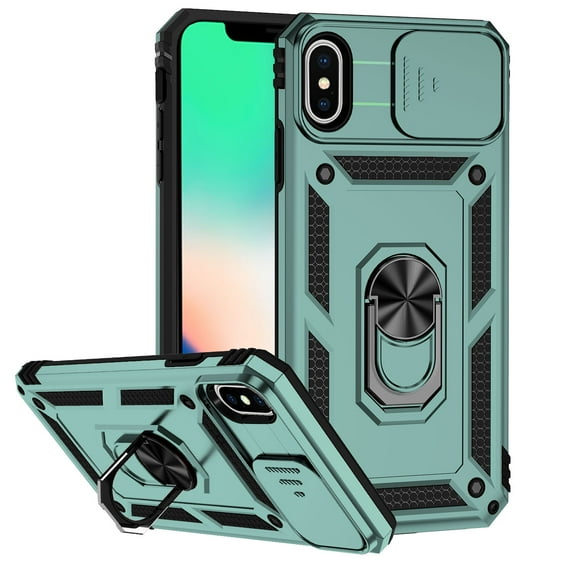JTCASES for iPhone X/XS Case, Heavy Duty Protection Magnetic Car Mount Rotating Stand [Slide Camera Window] Rugged Shockproof Anti-fall Shell for iPhone X/XS, Darkgreen