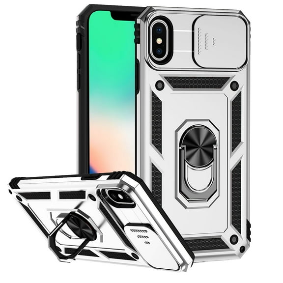 JTCASES for iPhone X/XS Case, Heavy Duty Protection Magnetic Car Mount Rotating Stand [Slide Camera Window] Rugged Shockproof Anti-fall Shell for iPhone X/XS, Silver