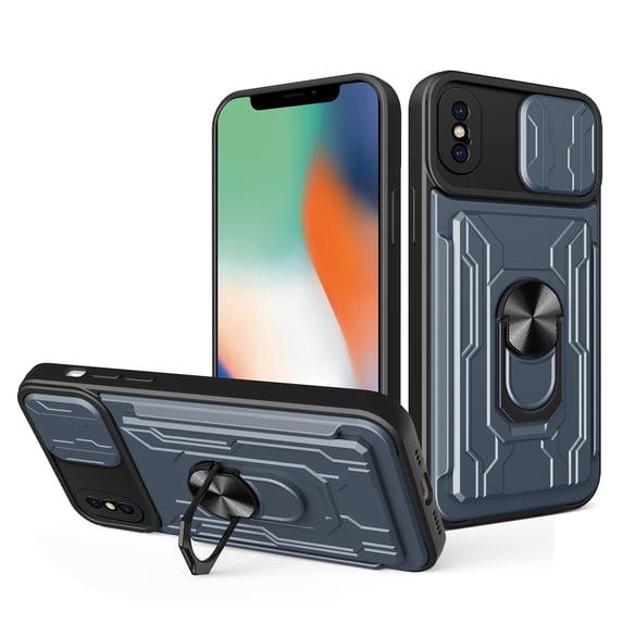 JTCASES for iPhone X/XS Case, Slide Camera Window + Card Slot + Rotating Ring Bracket TPU Soft Shell & PC Backplane Car Mount Hybird Heavy Duty Shockproof Shell, Gray