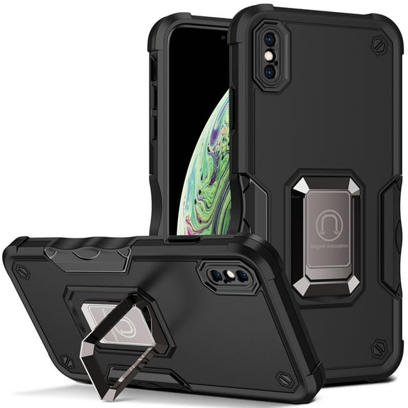 JTCASES for iPhone X/XS Case, Support Magnetic Car Mount Adjustable Bracket Non-slipping 2-Layer Shockproof Drop Resistant Heavy Duty Protective Slim Shell, Black