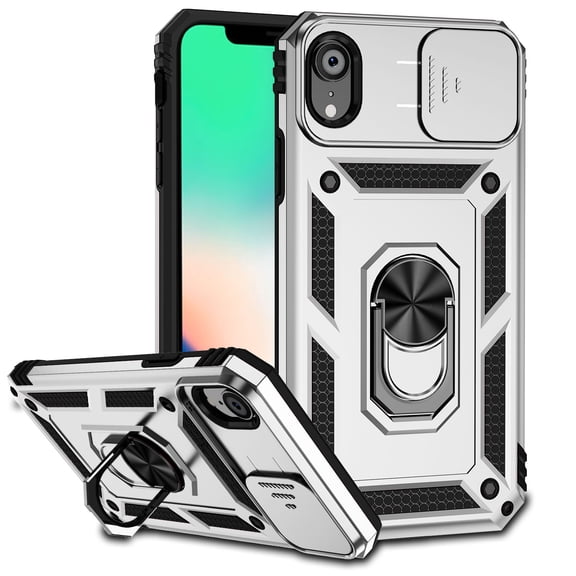 JTCASES for iPhone XR Case, Heavy Duty Protection Magnetic Car Mount Rotating Stand [Slide Camera Window] Rugged Shockproof Anti-fall Shell for iPhone XR, Silver