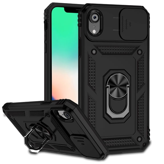 JTCASES for iPhone XR Case, Heavy Duty Protection Magnetic Car Mount Rotating Stand [Slide Camera Window] Rugged Shockproof Anti-fall Shell for iPhone XR, Black