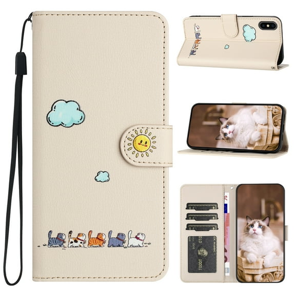 JTCASES for iPhone XR Wallet Case, Lovely Cat Pattern PU Leather Shockproof TPU with Card Slots Cash Pocket Magnetic Closure Removeable Wrisr Strap Stand for iPhone XR, Beige