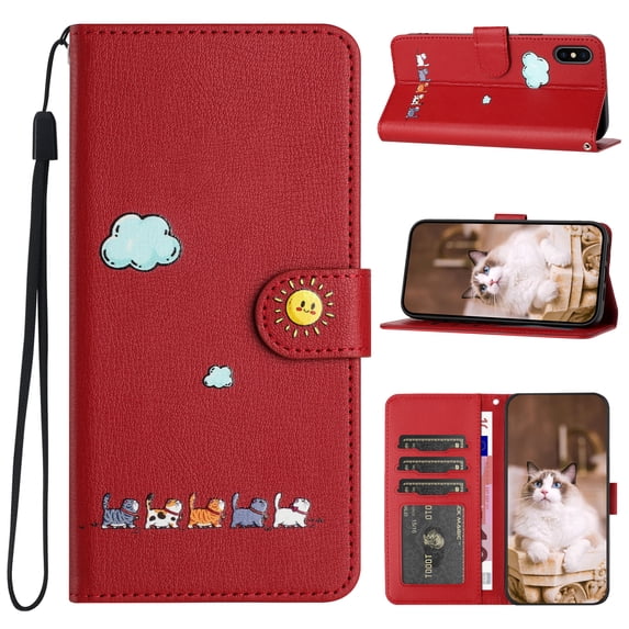 JTCASES for iPhone XR Wallet Case, Lovely Cat Pattern PU Leather Shockproof TPU with Card Slots Cash Pocket Magnetic Closure Removeable Wrisr Strap Stand for iPhone XR, Red