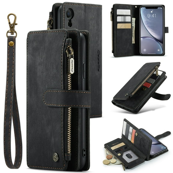 JTCASES for iPhone XR Wallet Case with Zipper Purse Card Holders Flip Stand Wrist Strap Magnetic Closure PU Leather Anti-scracth Support Wireless Charging Drop Resistant BUsiness Shell, Black