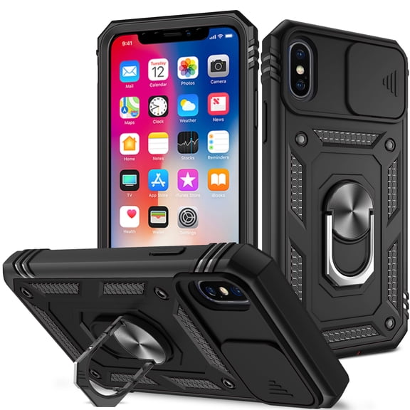 JTCASES for iPhone Xs Max Case, Sliding Camera Cover+ Rotating Ring Kickstand + Magnetic Car Mount + Inside Card Holder, Bracket Shockproof Frame Anti-drop PC TPU Heavy Duty Protection, Black