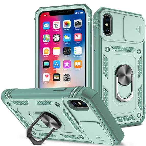 JTCASES for iPhone Xs Max Case, Sliding Camera Cover+ Rotating Ring Kickstand + Magnetic Car Mount + Inside Card Holder, Bracket Shockproof Frame Anti-drop PC TPU Heavy Duty Protection, Green