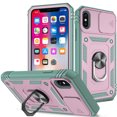 thumbnail image 1 of JTCASES for iPhone Xs Max Case, Sliding Camera Cover+ Rotating Ring Kickstand + Magnetic Car Mount + Inside Card Holder, Bracket Shockproof Frame Anti-drop PC TPU Heavy Duty Protection, Pink/Green, 1 of 11