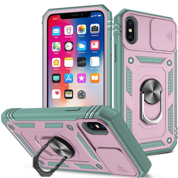 JTCASES for iPhone Xs Max Case, Sliding Camera Cover+ Rotating Ring Kickstand + Magnetic Car Mount + Inside Card Holder, Bracket Shockproof Frame Anti-drop PC TPU Heavy Duty Protection, Pink/Green