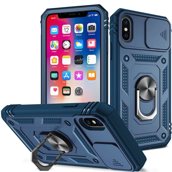 JTCASES for iPhone Xs Max Case, Sliding Camera Cover+ Rotating Ring Kickstand + Magnetic Car Mount + Inside Card Holder, Bracket Shockproof Frame Anti-drop PC TPU Heavy Duty Protection, Darkblue