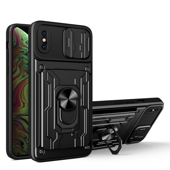 JTCASES for iPhone iPhone Xs Max Case, Slide Camera Window + Card Slot + Rotating Ring Bracket TPU Soft Shell & PC Backplane Car Mount Hybird Heavy Duty Shockproof Shell, Black
