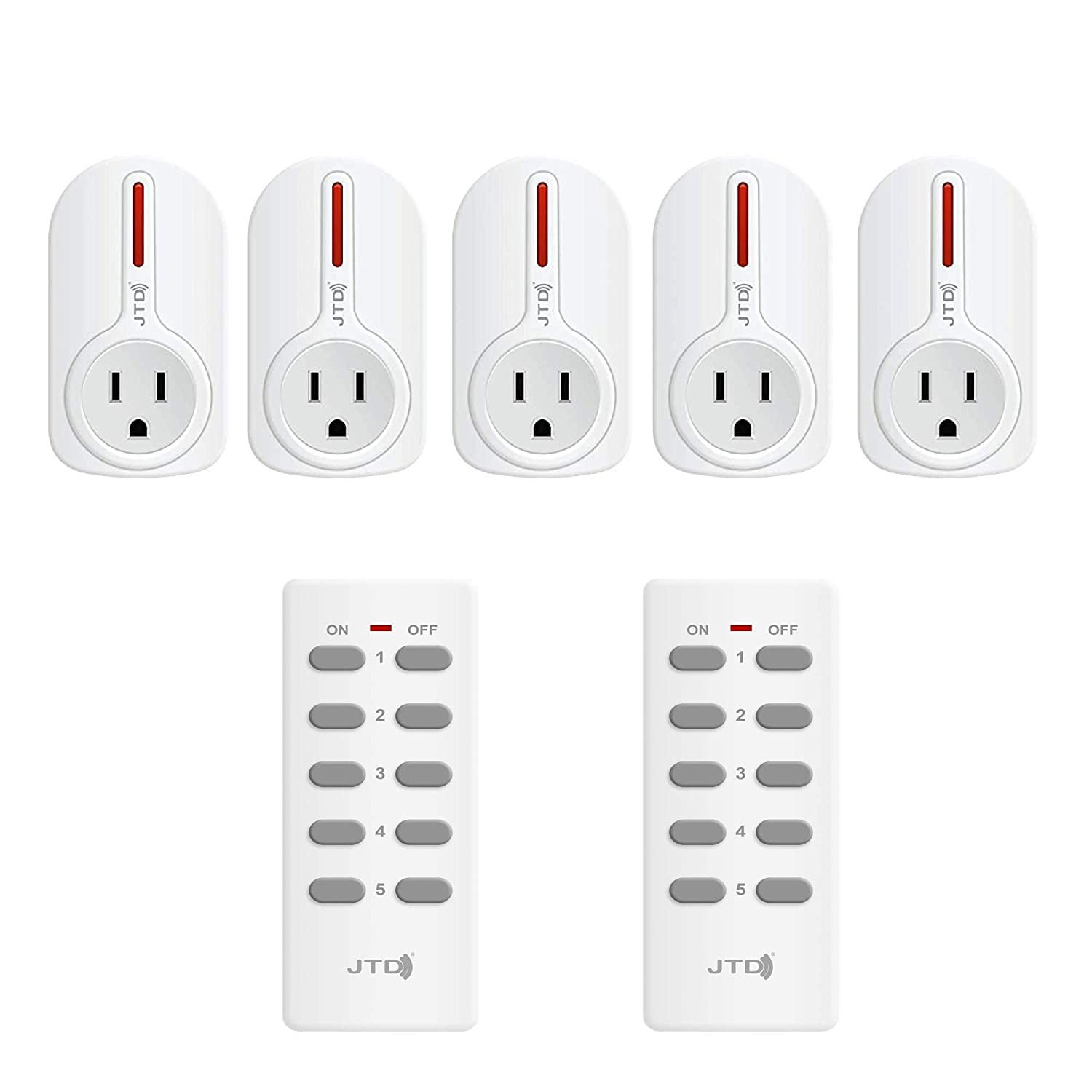 JTD ® 5 Pack Remote Control Outlet Switch 2nd Generation Energy Saving Auto-programmable Wireless Electrical Plug Switch for Household Appliances Lighting & Electrical Equipment (2 Remotes)