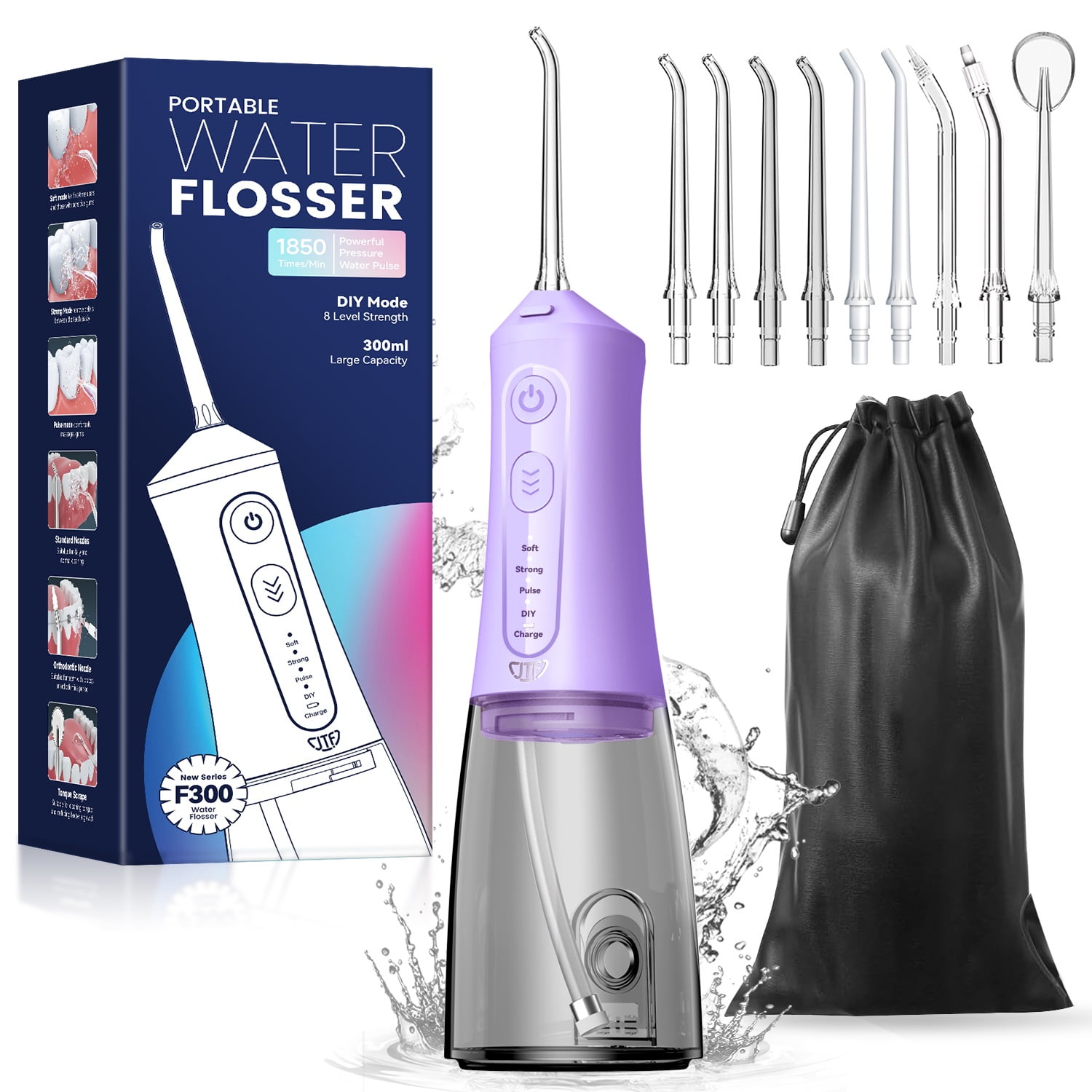 JTF Irrigador Dental Inalámbrico Limpiador Dental con 9 Puntas, Modo DIY, Tanque de 300ml, IPX7 Impermeable, Recargable Portátil para Hogar y Viajes, Púrpura