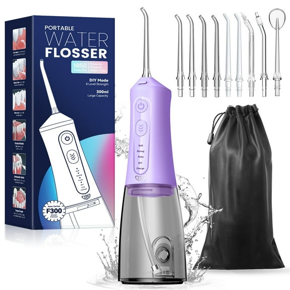 JTF Cordless Water Flosser Dental Teeth Cleaner with 9 Jet Tips, DIY Mode 300ML Tank IPX7 Waterproof Portable Rechargeable Water Flosser Dental Oral Irrigator for Home and Travel, Purple