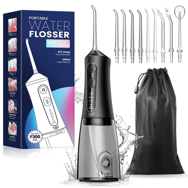 JTF Cordless Water Flosser Dental Teeth Cleaner with 9 Jet Tips, DIY Mode 300ML Tank IPX7 Waterproof Portable Rechargeable Water Flosser Dental Oral Irrigator for Home and Travel, Black