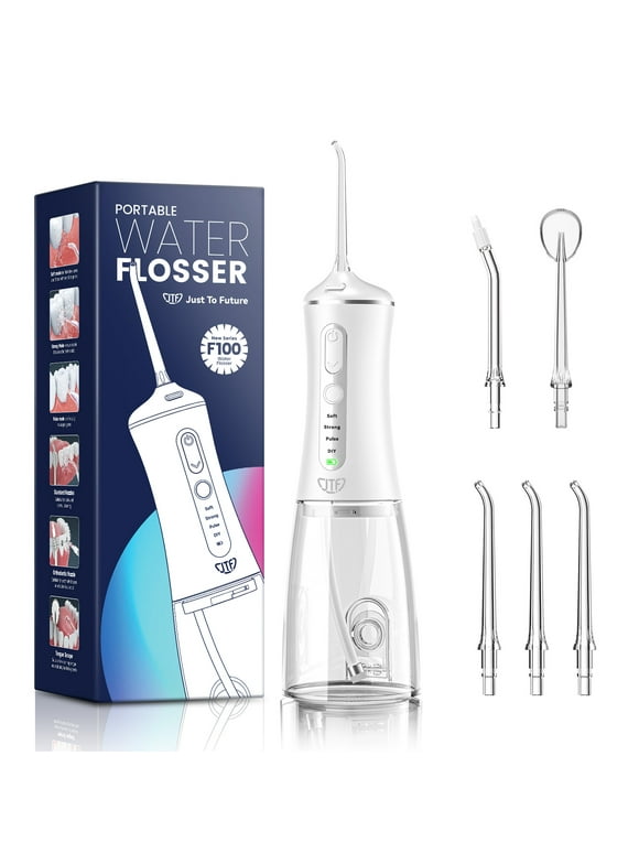 JTF Cordless Water Flosser Dental Teeth Cleaner,  Portable 300ML Tank DIY Mode Rechargeable Dental Oral Irrigator for Home and Travel, 5 Jet Tips, White