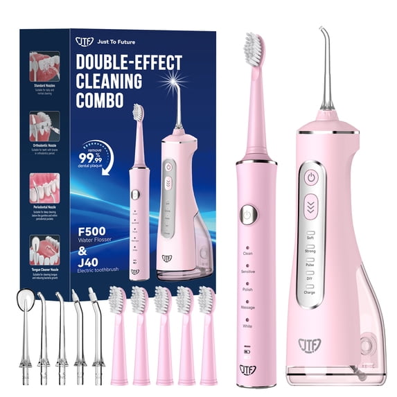 JTF 2-in-1 Oral Clean Kit- Electric Toothbrush & Water flosser Combo with Multiple Modes, 5 Brush Heads and 5 Jet Tips, Brushing & Flossing- Rechargeable for Teeth Cleaning and Gum Health, Pink