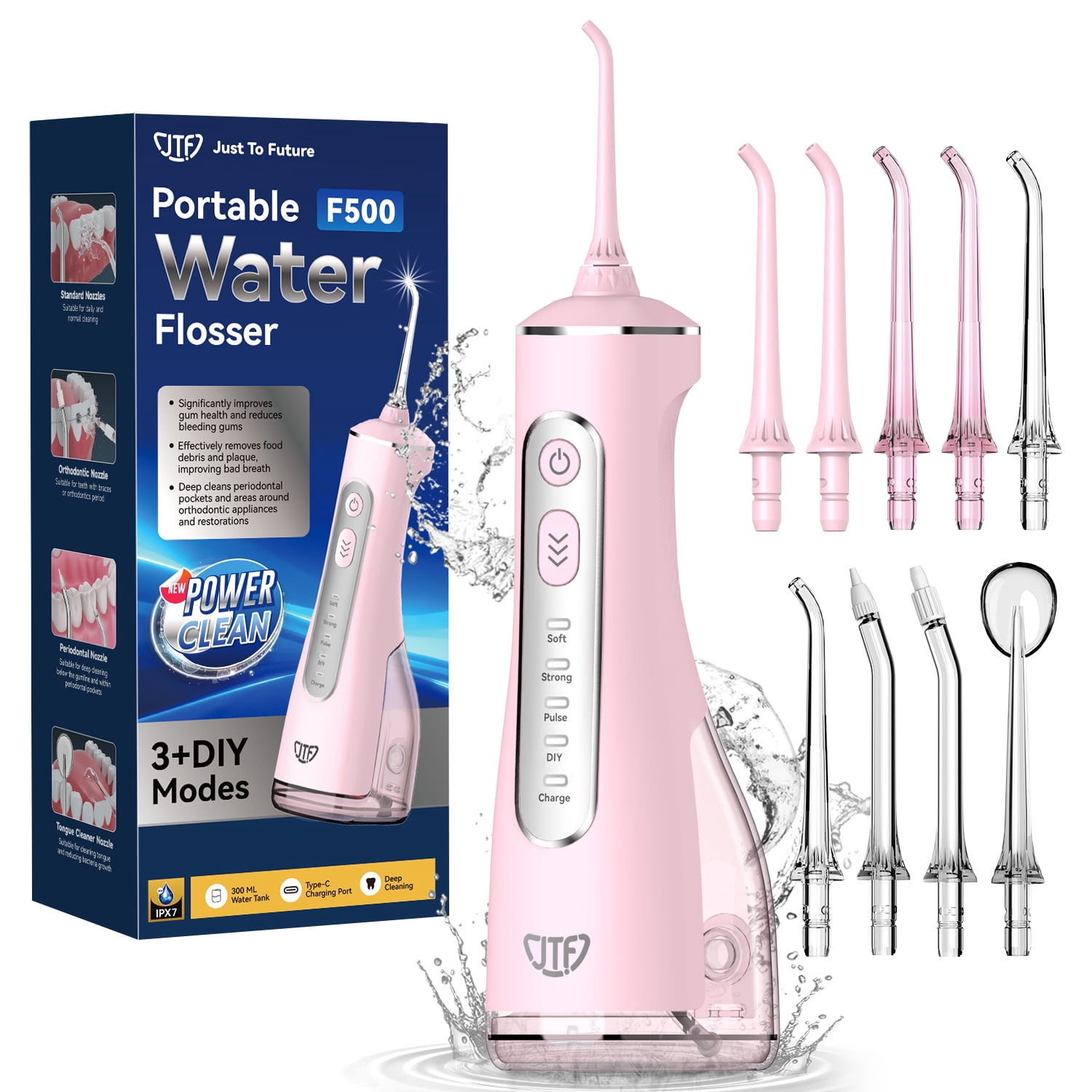 JTF Cordless Water Flosser for Teeth: 3 Modes & 10 DIY Pressure Levels Portable Oral Irrigator for Braces & Sensitive Gums with 9 Tips & 300ML Tank, Rechargeable Electric Dental Pick for Home Travel