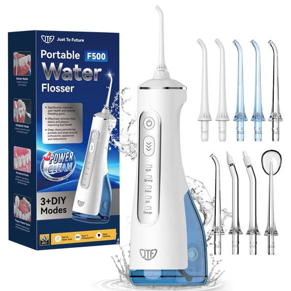 JTF Cordless Water Flosser for Teeth: 3 Modes & 10 DIY Pressure Levels Portable Oral Irrigator for Braces & Sensitive Gums with 9 Tips & 300ML Tank, Rechargeable Electric Dental Pick for Home Travel
