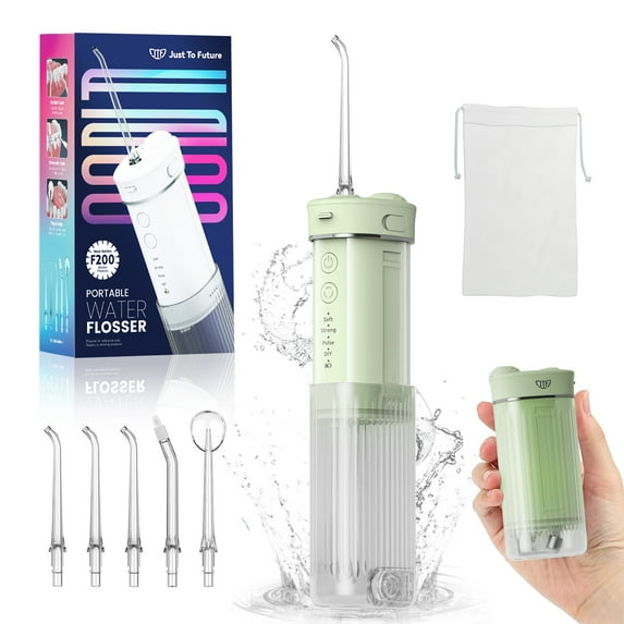JTF Mini Cordless Water Flosser for Teeth with 5 Jet Tips and Travel Bag, 3+DIY Modes 230ML Telescopic Tank Portable Rechargeable Water Flosser Dental Oral Irrigator, Green
