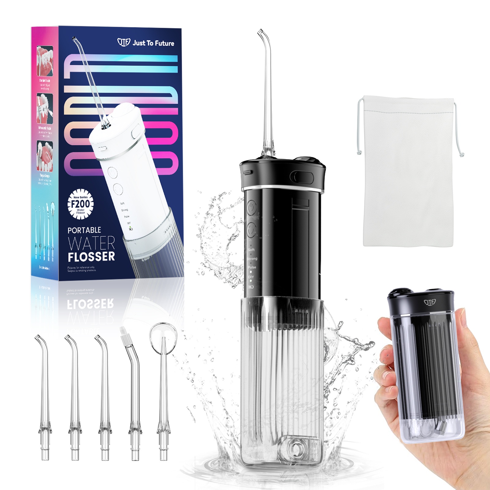 JTF Cordless Travel Water Flosser for Teeth with 5 Jet Tips and Storage Bag, Portable 3+DIY (8 Pressure Levels) Modes 230ML Larger-Capacity Tank Rechargeable Mini Dental Electric Teeth Pick, Black