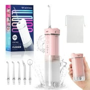 JTF Mini Cordless Water Flosser for Teeth with 5 Jet Tips and Travel Bag, 3+DIY Modes 230ML Telescopic Tank Portable Rechargeable Water Pick Dental Oral Irrigator, Pink