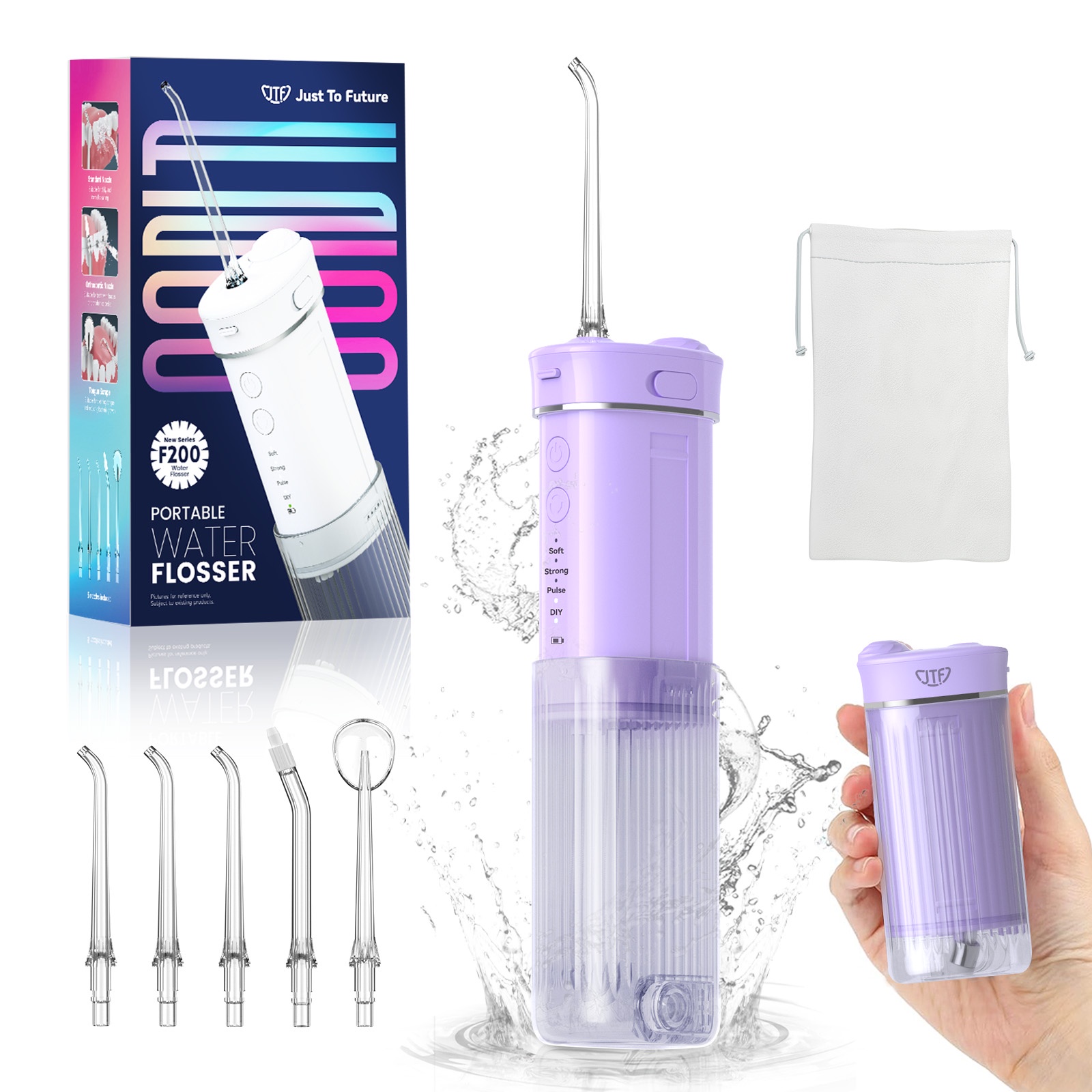 JTF Cordless Travel Water Flosser for Teeth with 5 Jet Tips and Storage Bag, Portable 3+DIY (8 Pressure Levels) Modes 230ML Larger-Capacity Tank Rechargeable Mini Dental Electric Teeth Pick, Purple