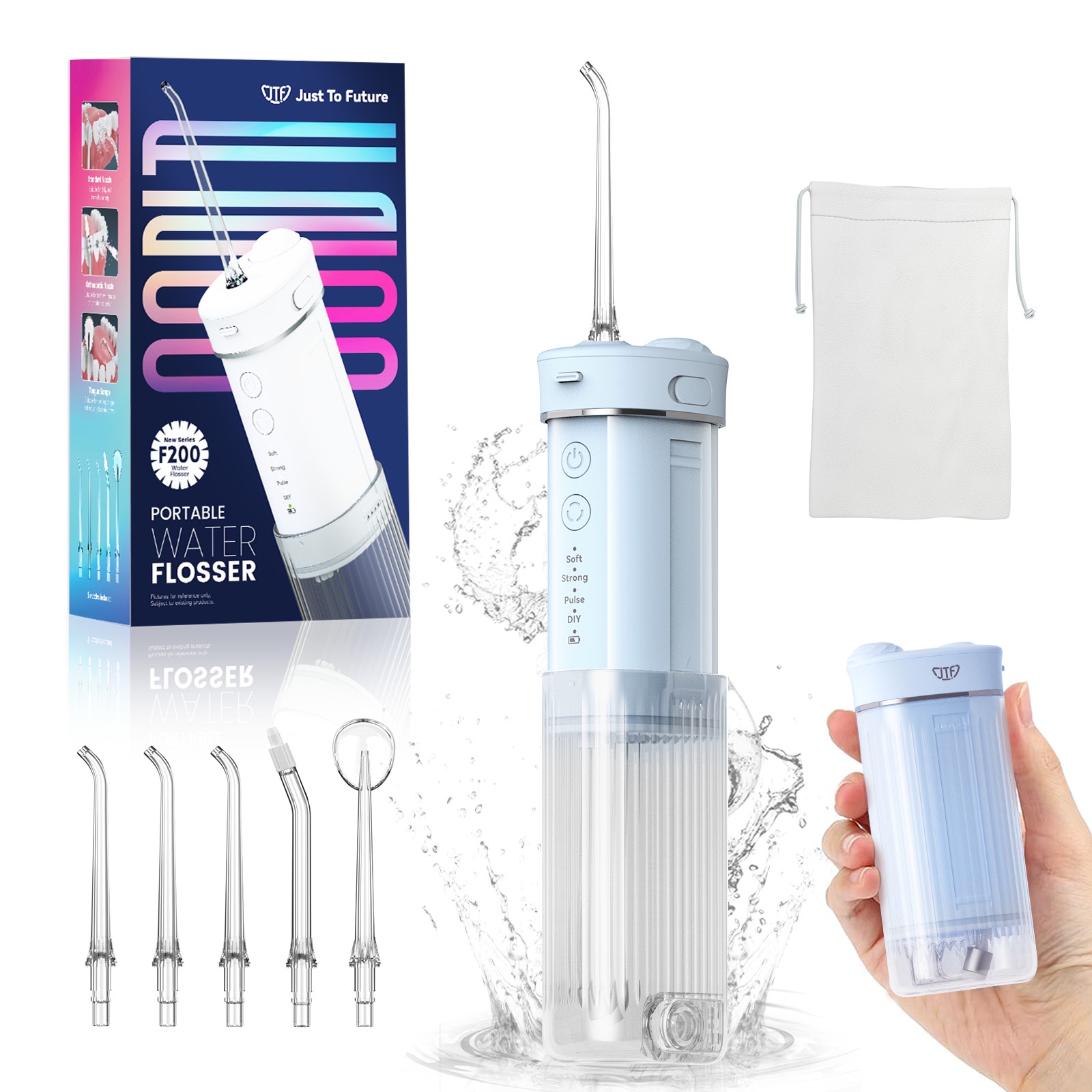 JTF Cordless Travel Water Flosser for Teeth with 5 Jet Tips and Storage Bag, Portable 3+DIY (8 Pressure Levels) Modes 230ML Larger-Capacity Tank Rechargeable Mini Dental Electric Teeth Pick, Blue